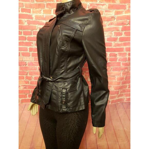 Lapis Size L Black Moto Women’s Jacket Zippered & Belted Vegan leather #C - Picture 2 of 11